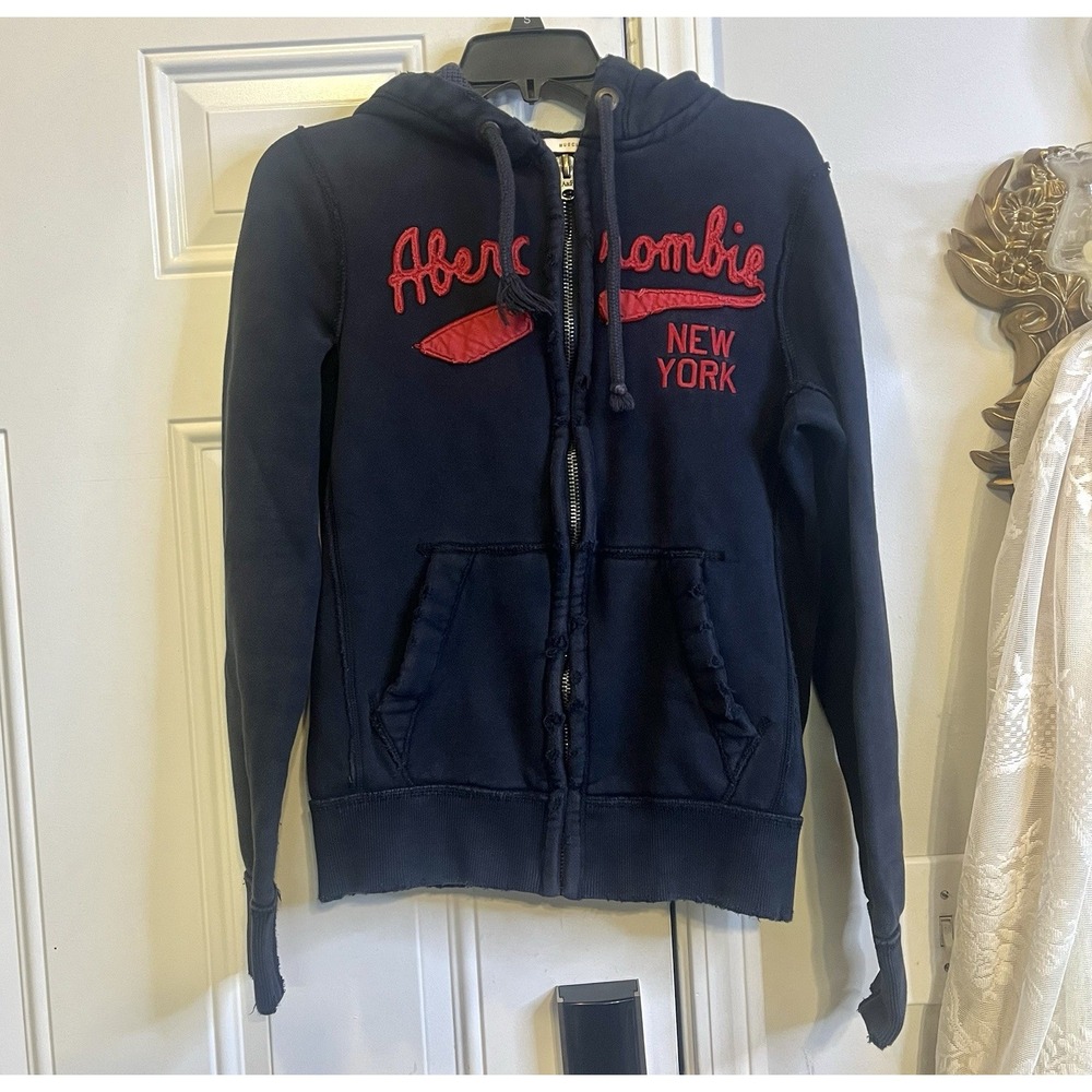 VTG Y2K Abercrombie Fitch New York Distressed Hoodie Opium Style size S Navy Red